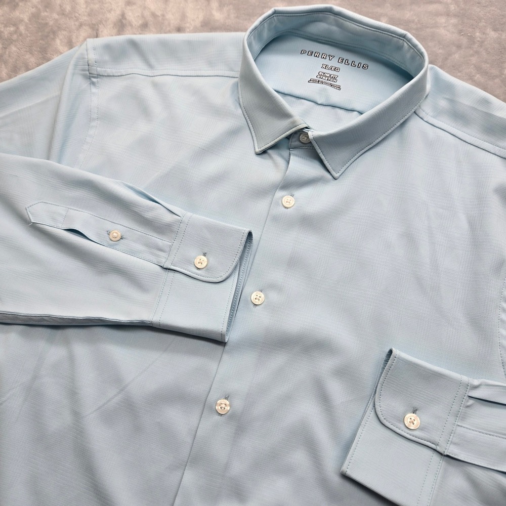 Perry Ellis Mens Size XL Slim Fit Stretch Button Down Shirt Light Blue Plaid